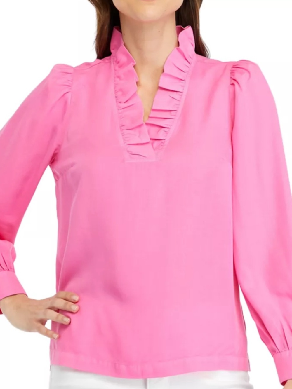 Crown & Ivy Cotton Pink Ruffle V-Neck Women's Top